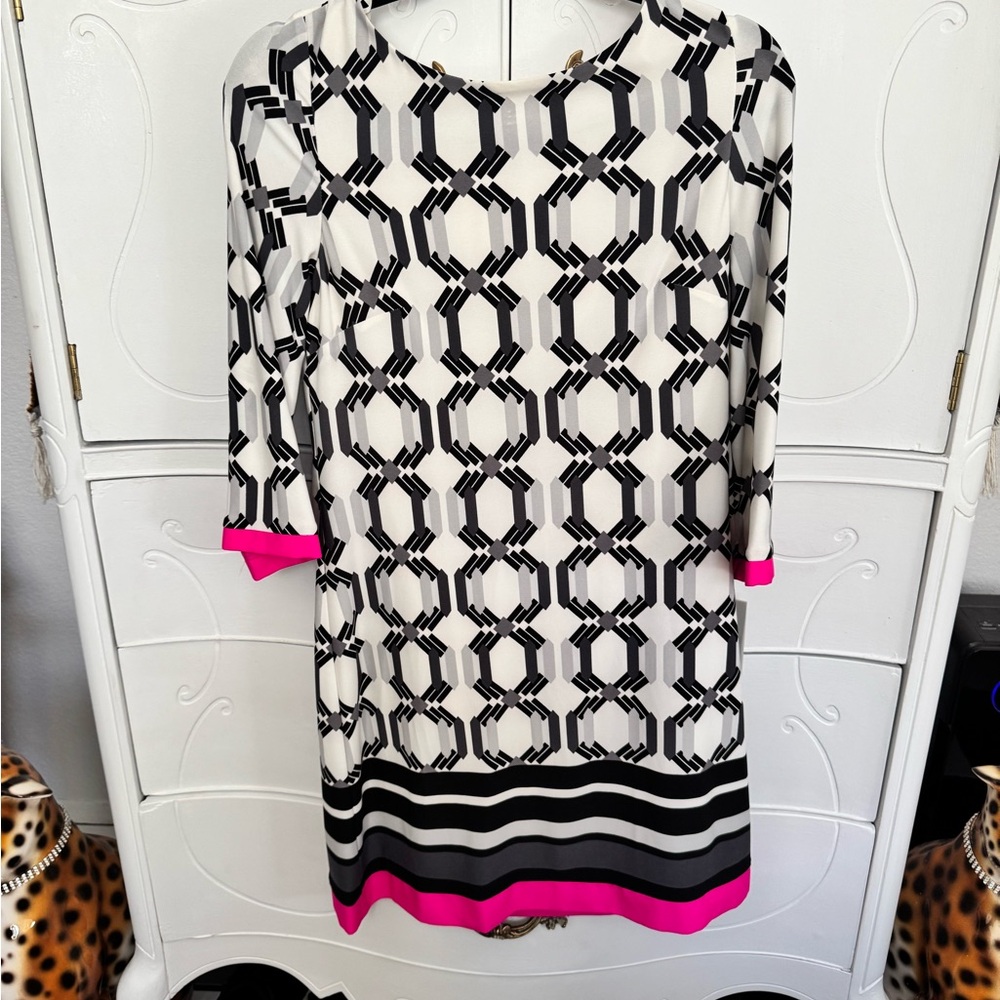Chic Black and White Geometric Dress with Pink Accents